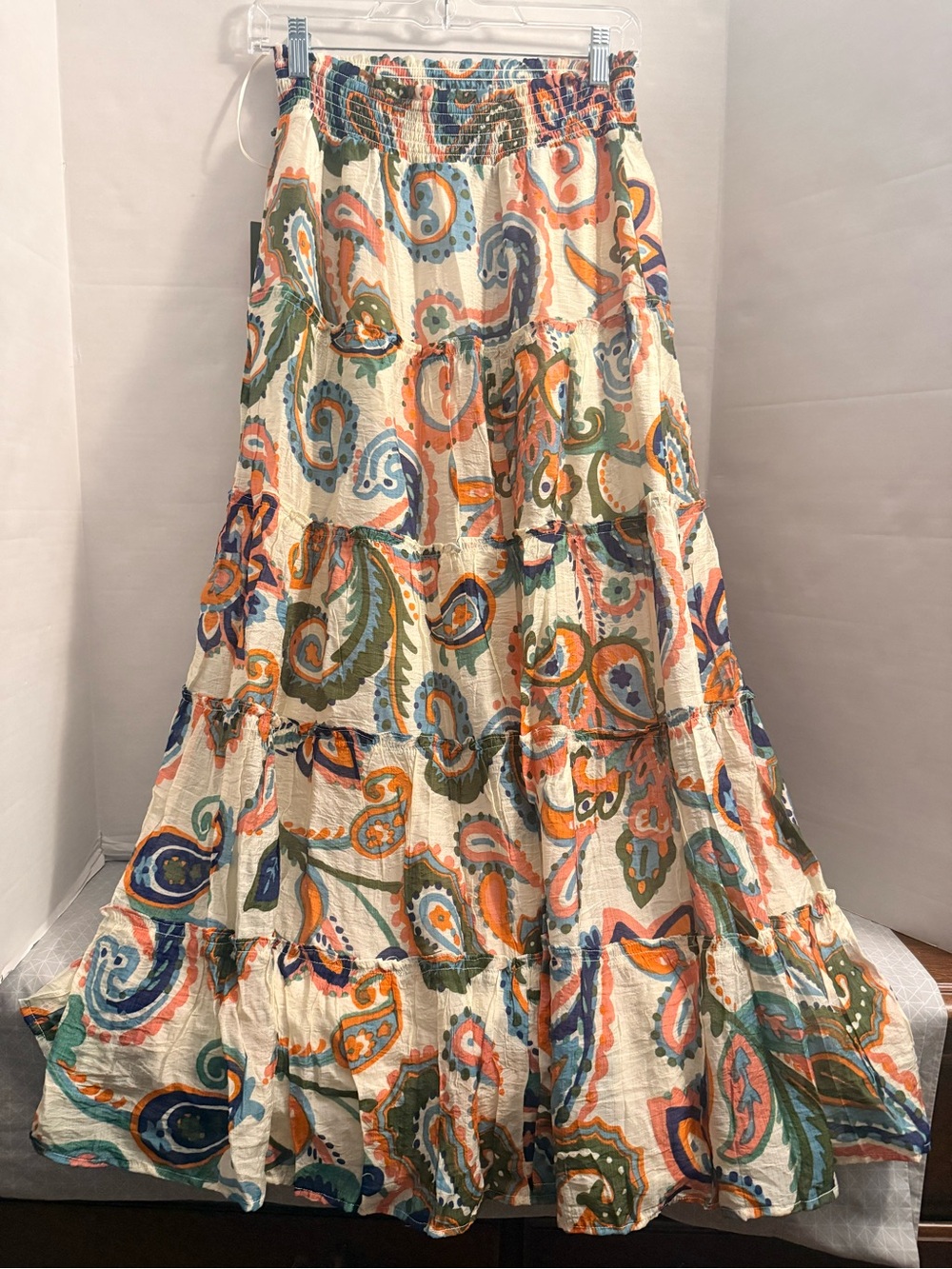 Boho Tiered Maxi Skirt in Cream with Multicolor Paisley